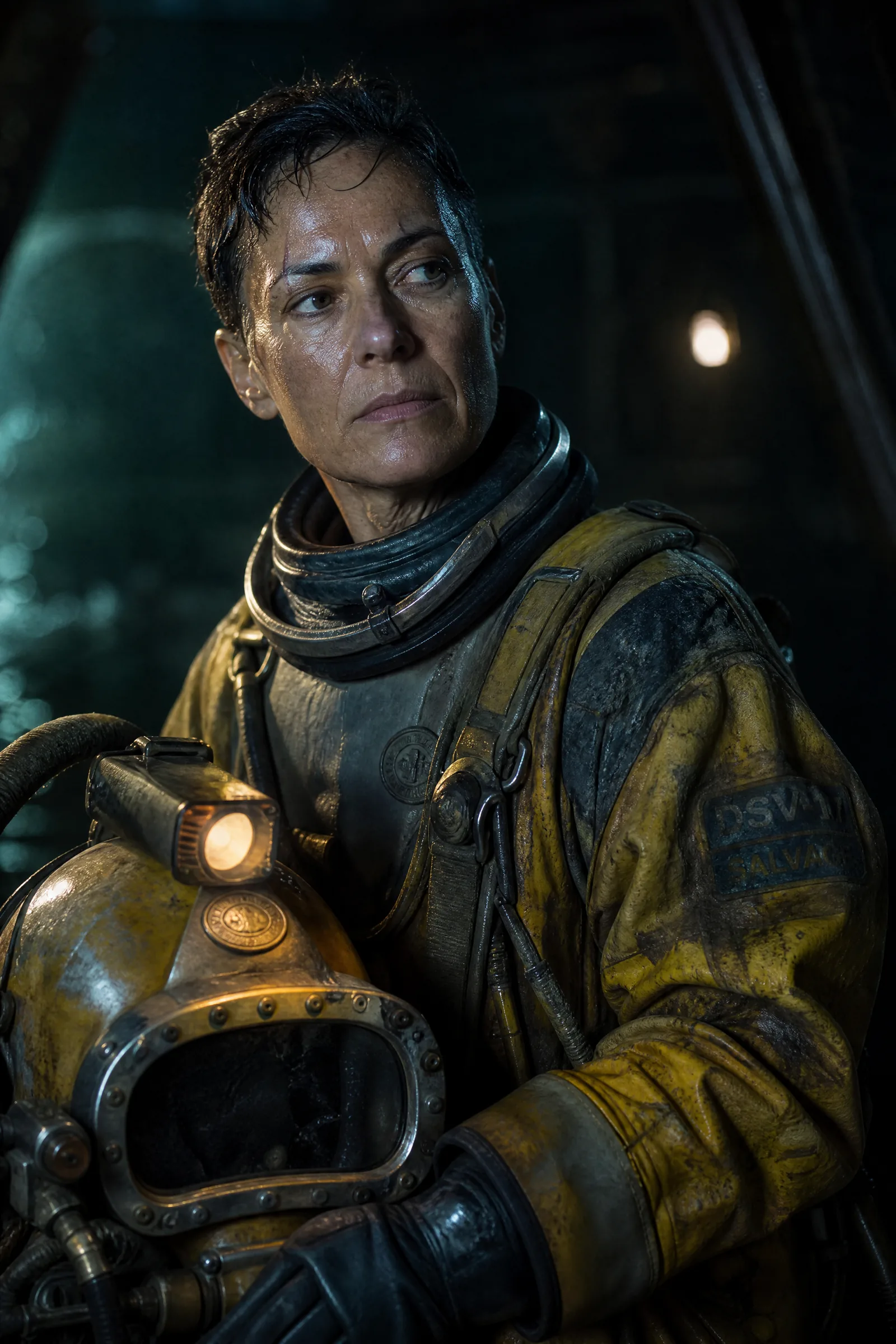 The salvage diver, helmet under one arm, face lit from below by the helmet lamp