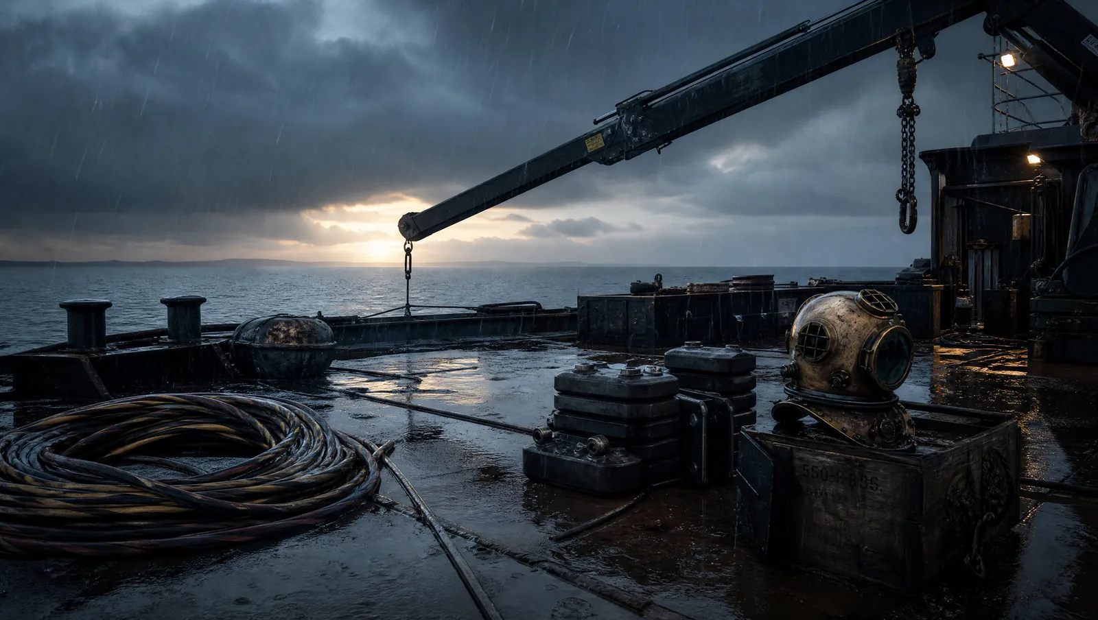 Salvage barge deck at first light, rain on scarred steel plate