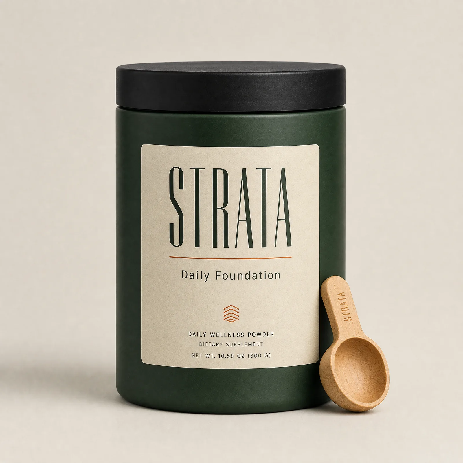 Studio packshot of a dark green STRATA supplement jar with a wooden scoop