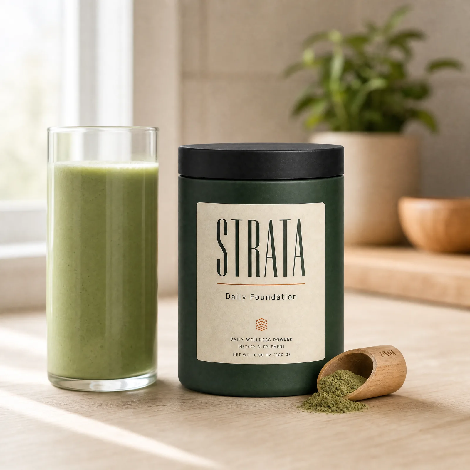 The STRATA jar on a kitchen counter beside a green smoothie