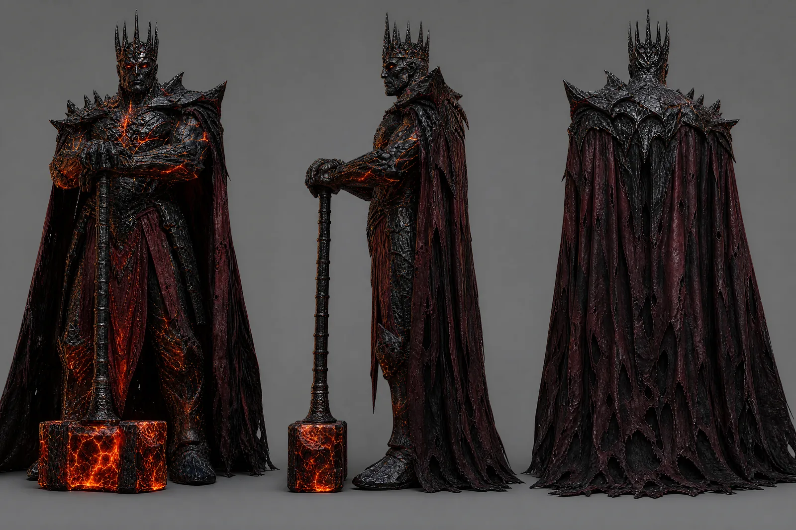 Three-view turnaround of The Ash King, magma-veined armour and tattered cloak