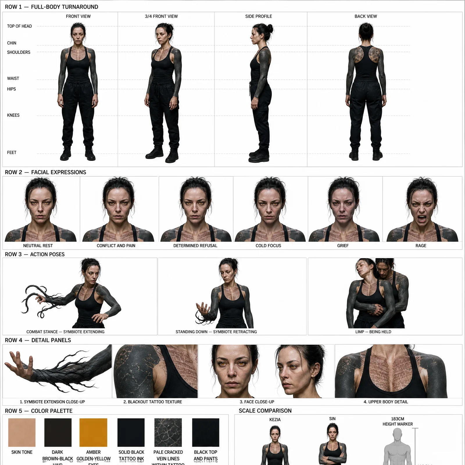 Full production sheet for Kezia, four-view turnaround, six expressions, action poses, detail panels, palette and scale