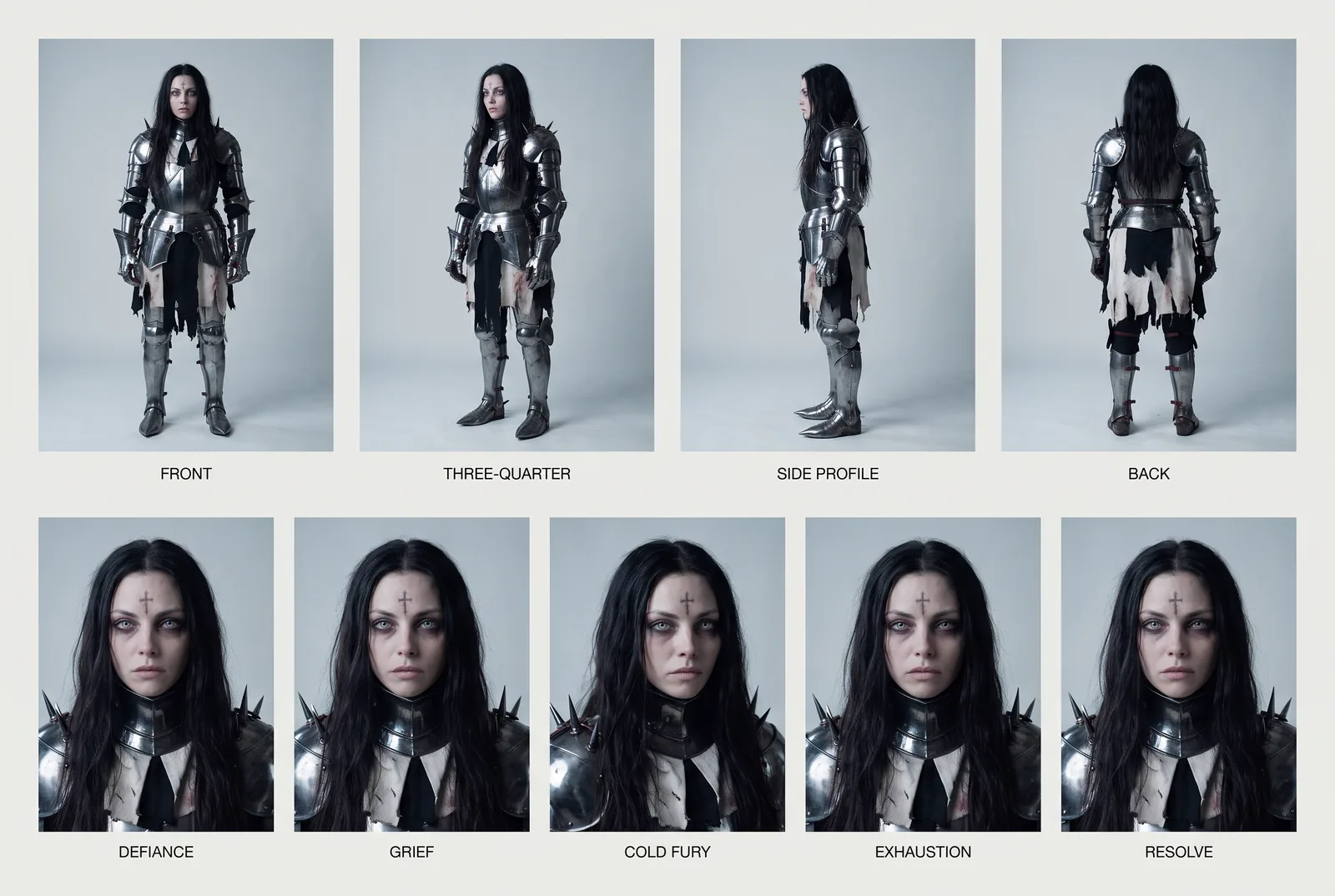 Character sheet for Kiara, four-view turnaround above five labelled expressions