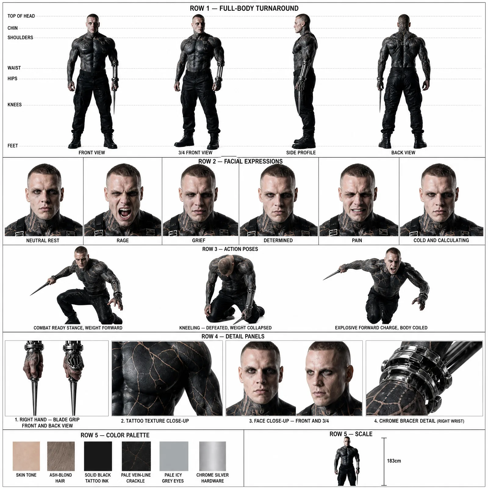 Full production character sheet for Sin, turnaround, expressions, action poses, detail panels, palette and scale