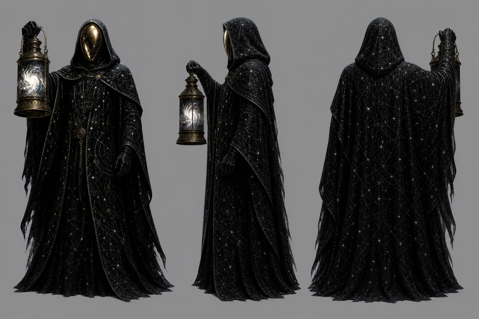Three-view turnaround of The Warden, starfield cloak and lantern