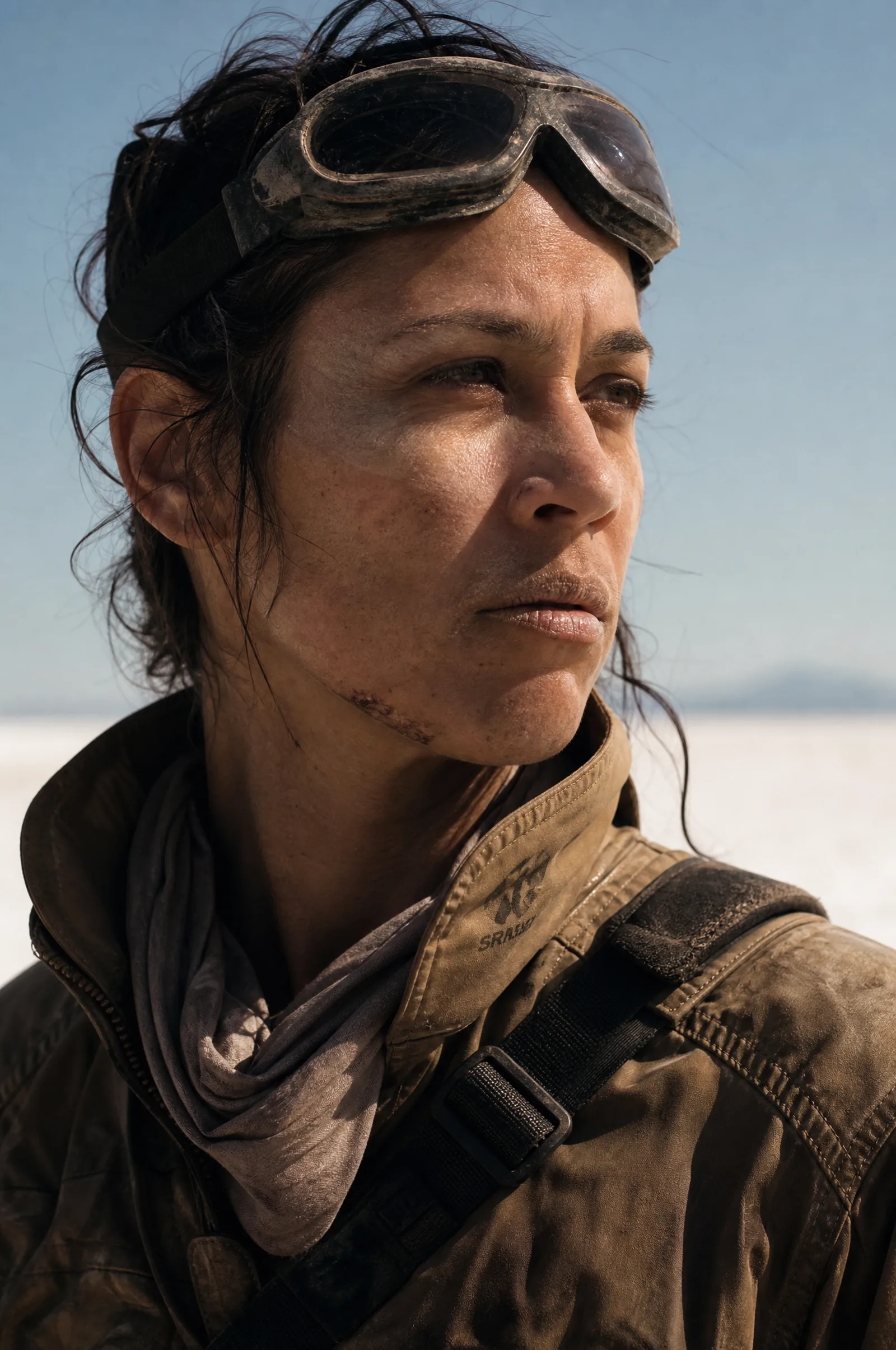 The courier, goggles pushed up, dust in every crease of her face