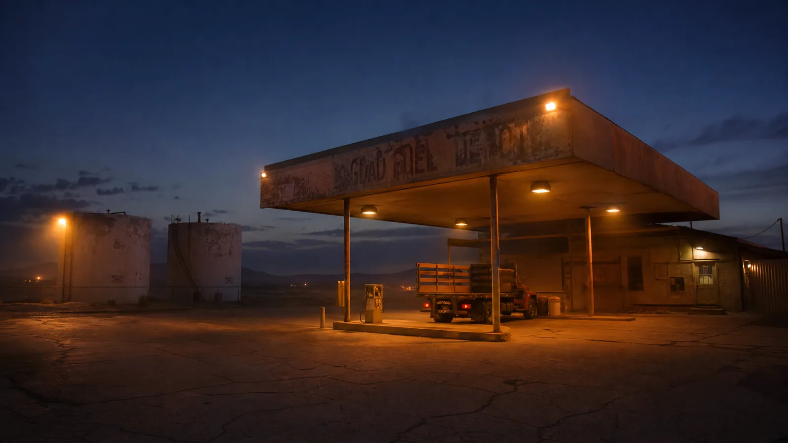 An isolated desert fuel depot at dusk, sodium floods against indigo sky