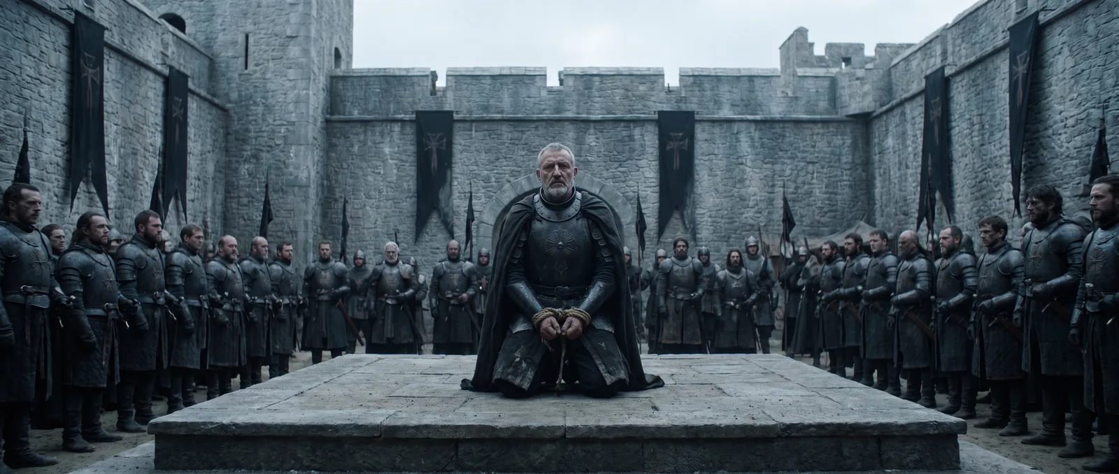 The General kneeling in the courtyard