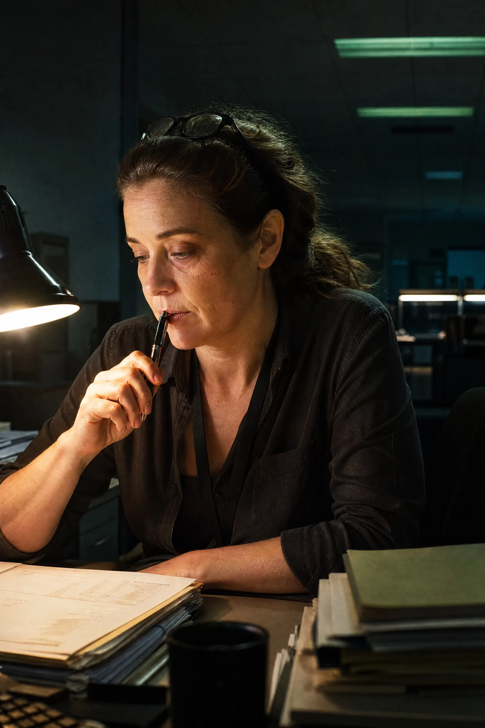The night-shift auditor at her desk under green fluorescent light