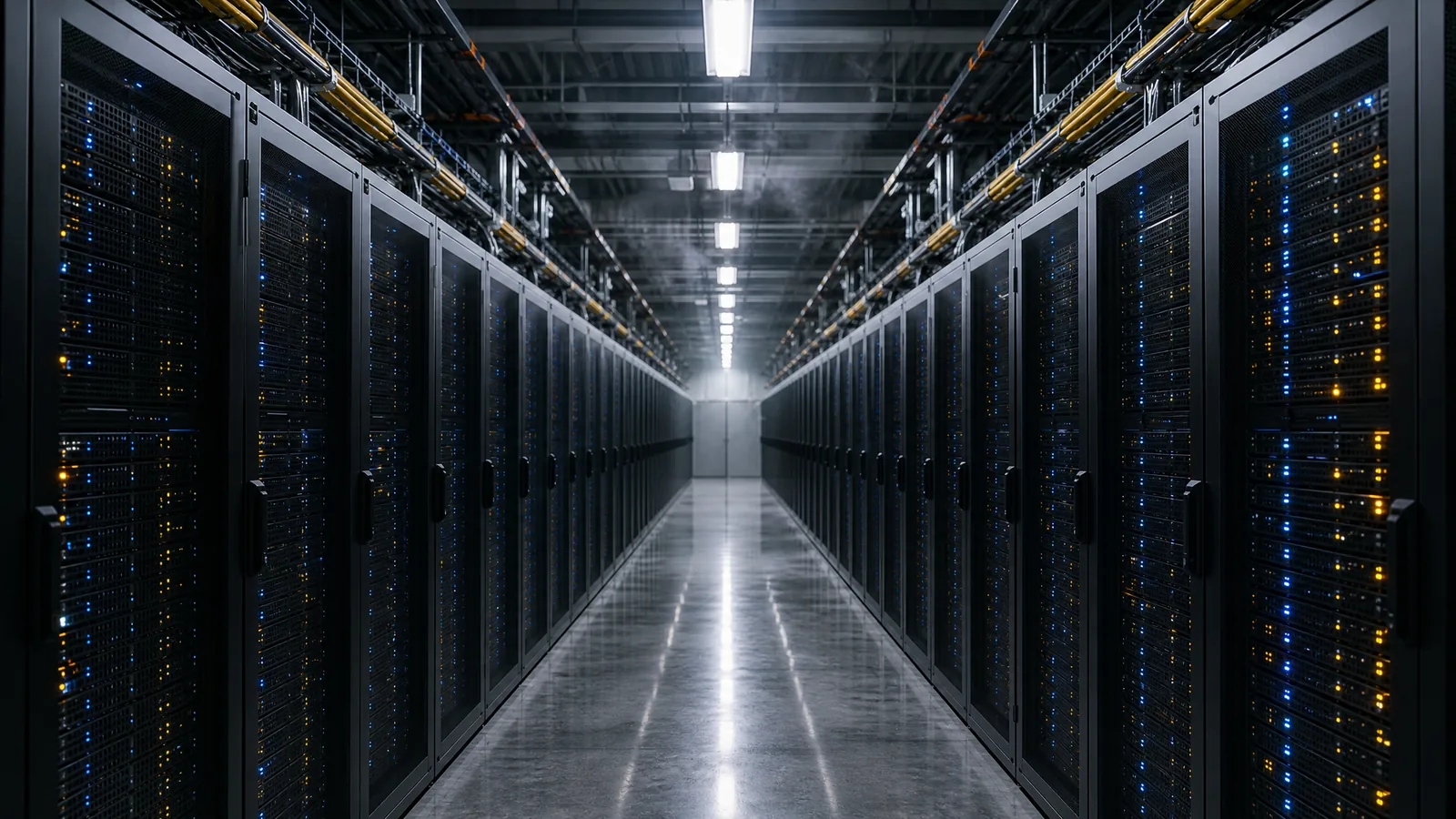 A corporate server hall aisle, blue and amber indicators receding