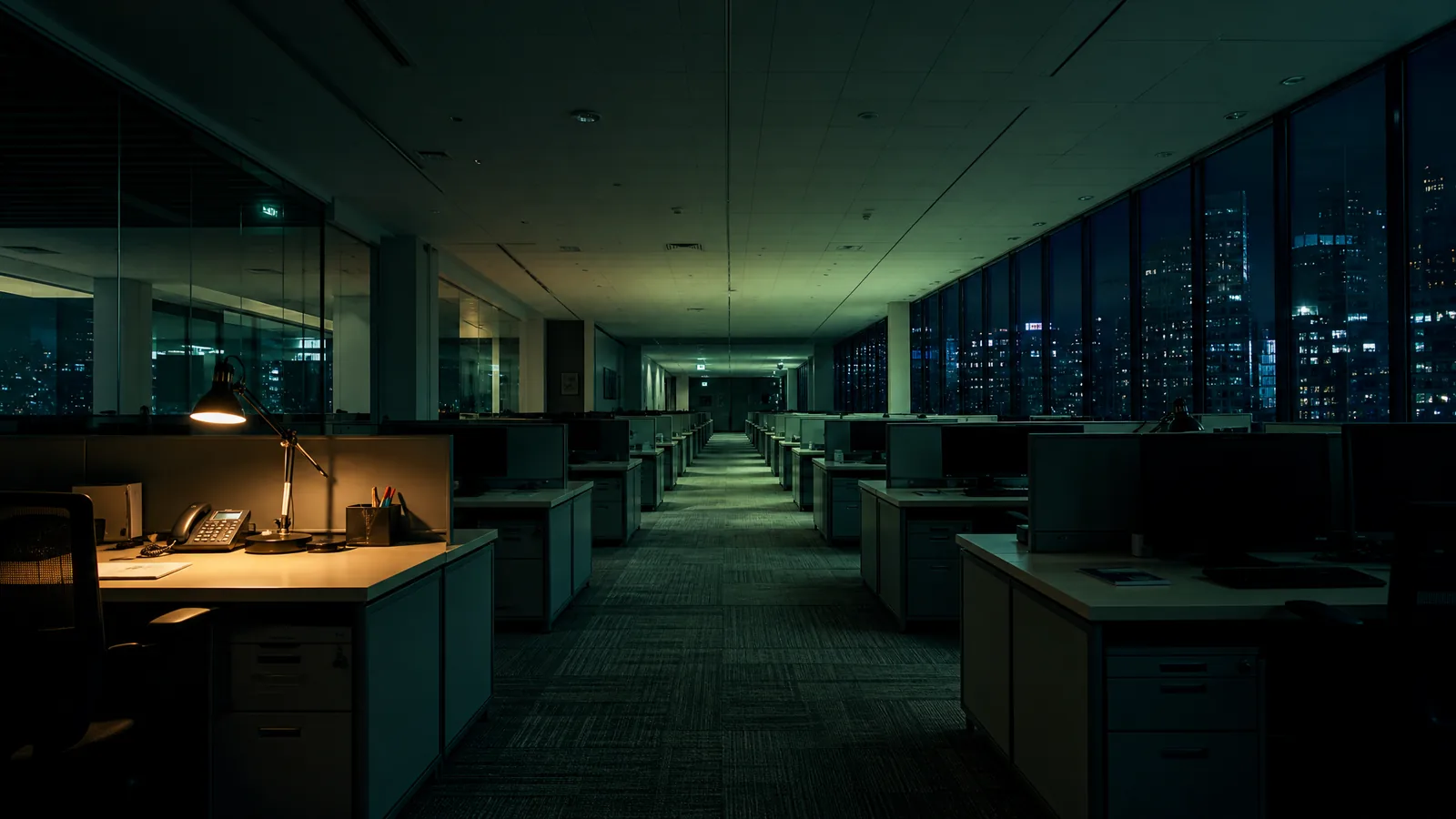 An empty open-plan office at three in the morning, one desk lamp burning